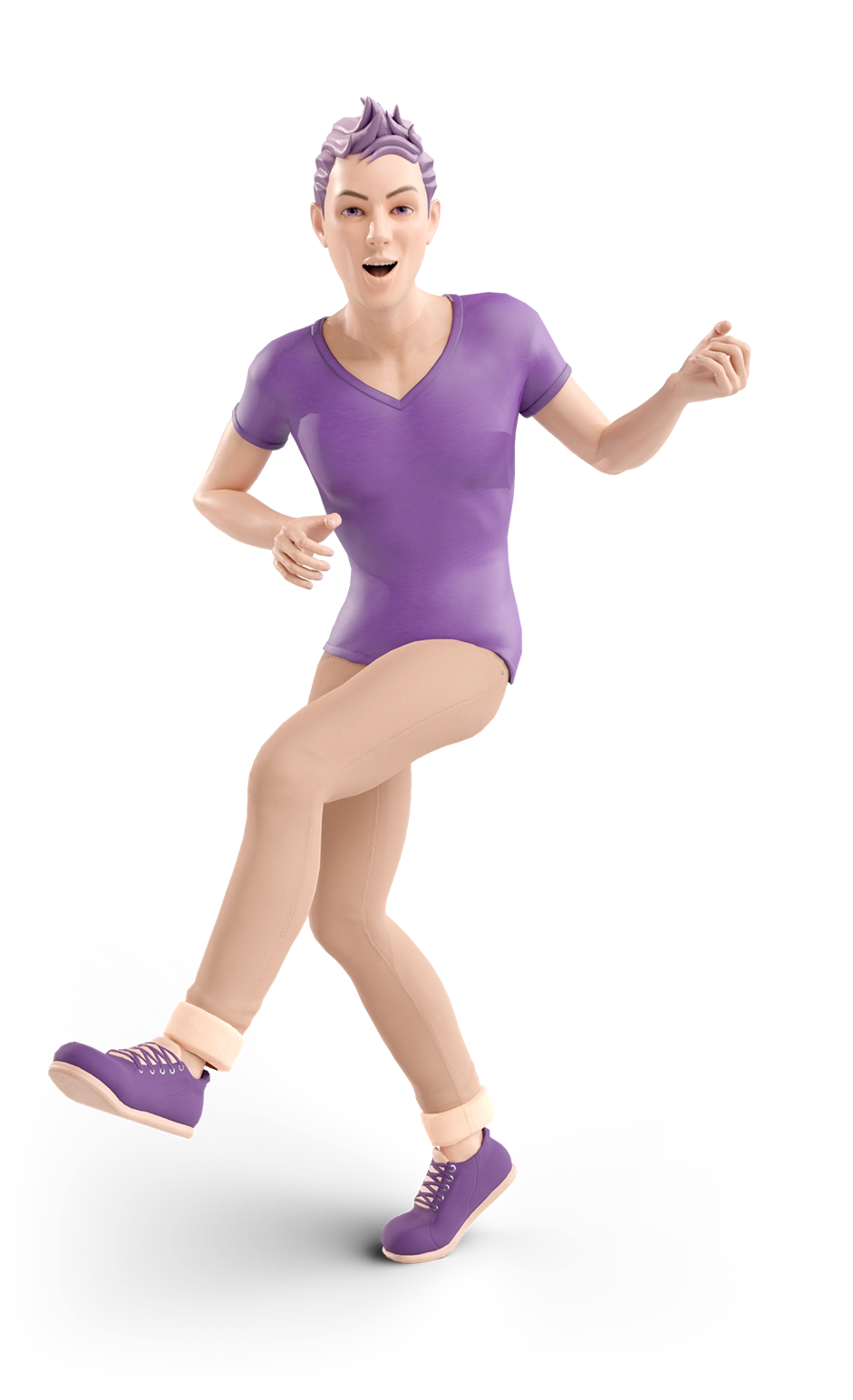 Male avatar in purple t-shirt playing air guitar.